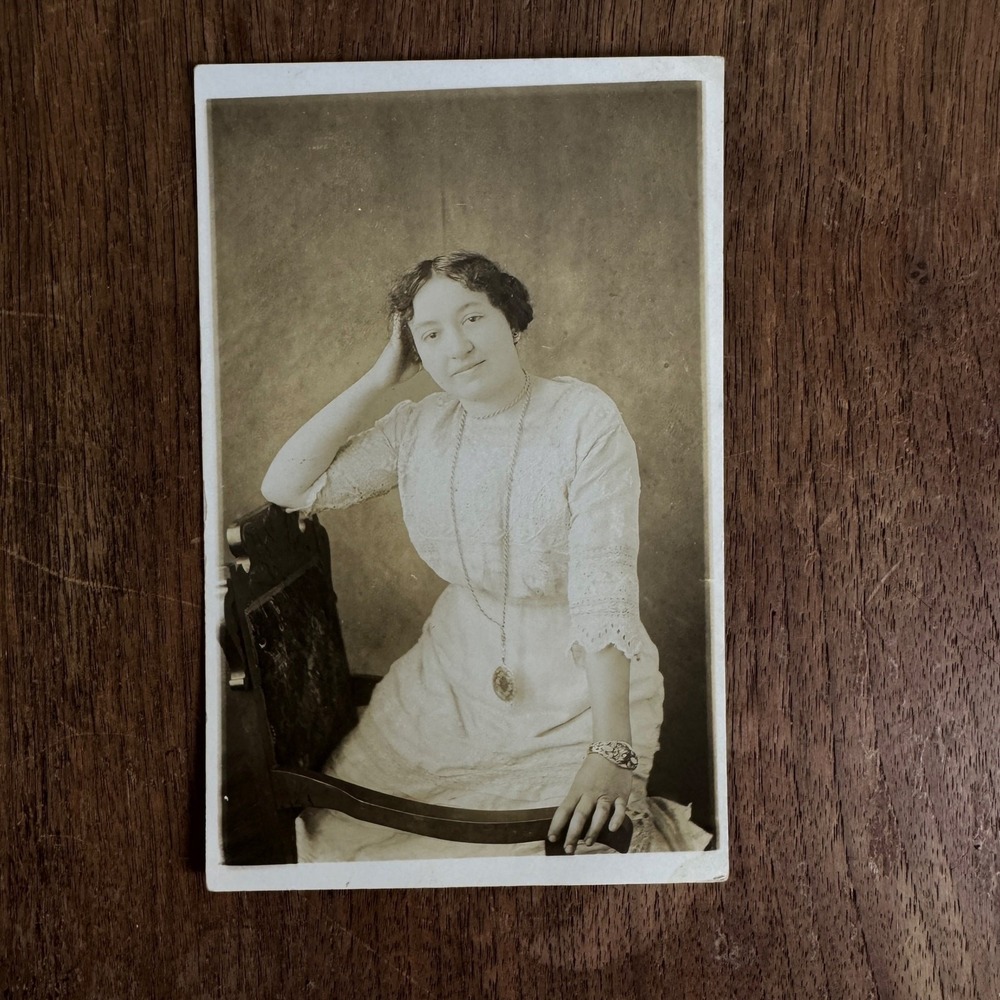 Antique 1900s Studio Portrait Posing Women on Chair Printed On postcard